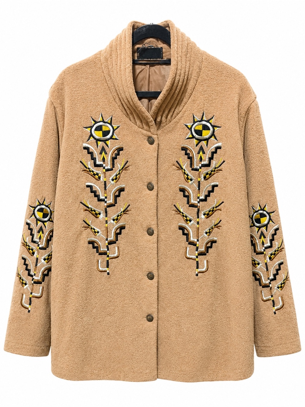 Bob Mackie Tan Embroidered Shawl-Collar Cardigan with Yellow & Black Motifs